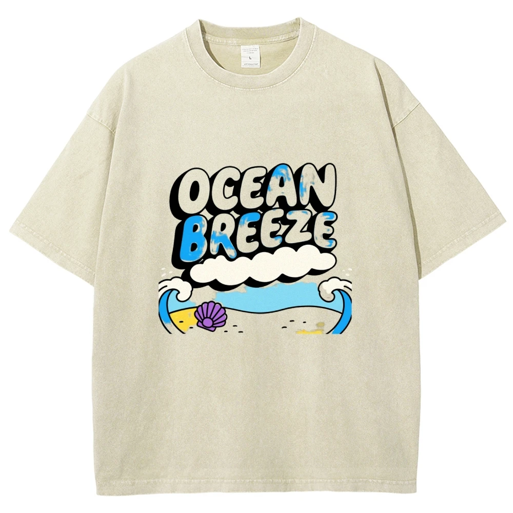 

Vintage Washed Ocean Breeze Beach Graphic T-Shirt Retro Summer Tee with Cartoon Waves Seashell Coastal Scene Design