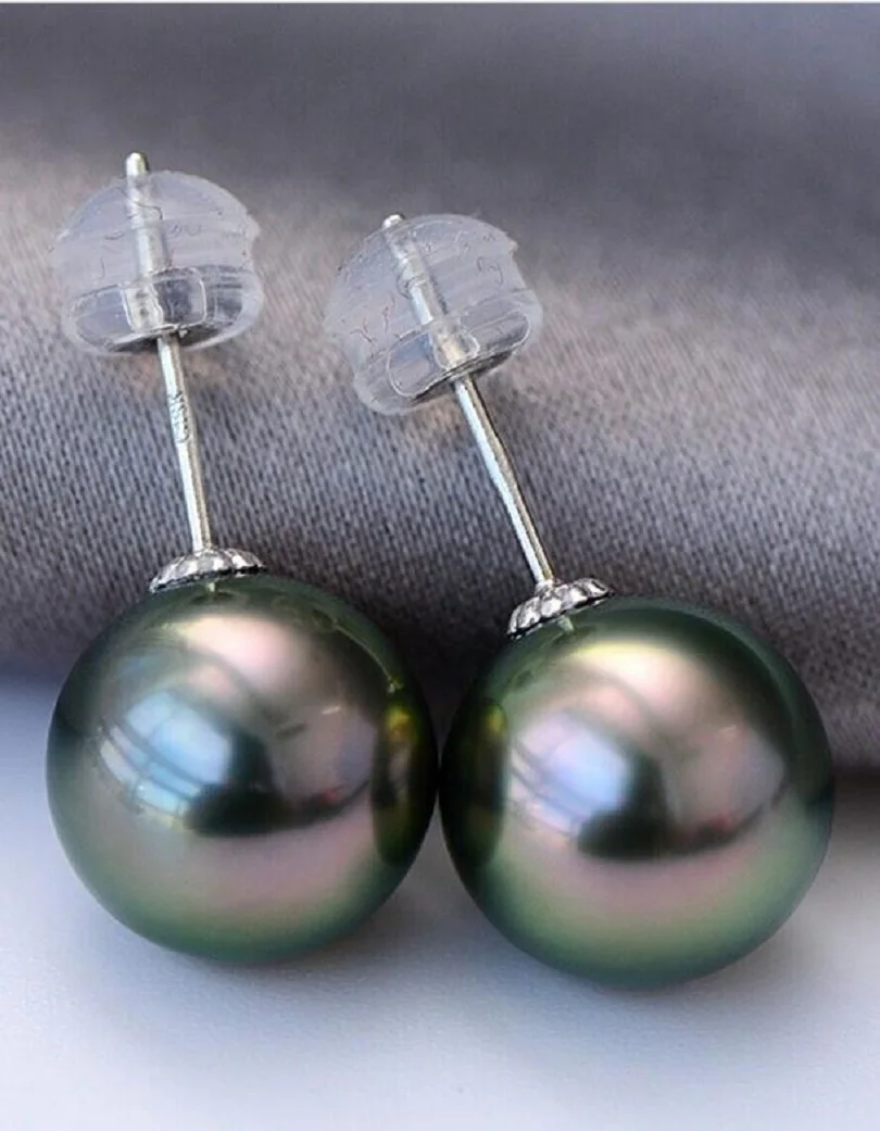 AAAA Natural 10-11mm South China Sea Black Round Pearl Earrings 18k Gold