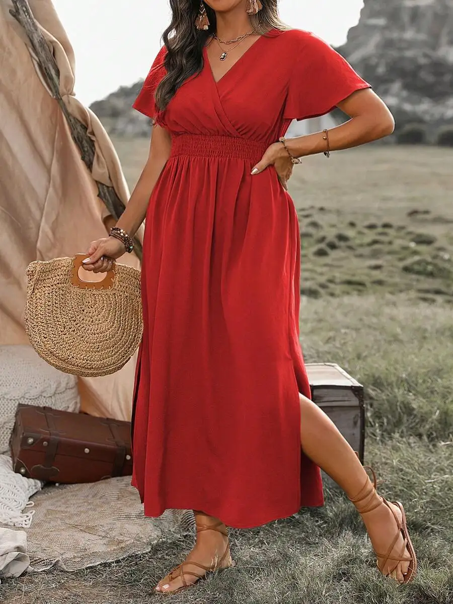 

Red Wrap Waist Ruffle Sleeve Maxi Dress For Women