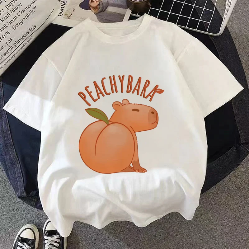 

Женская футболка с принтом Peachybara, милый топ с короткими рукавами и рисунком, модная летняя базовая футболка для женщин и девочек, модная женская одежда