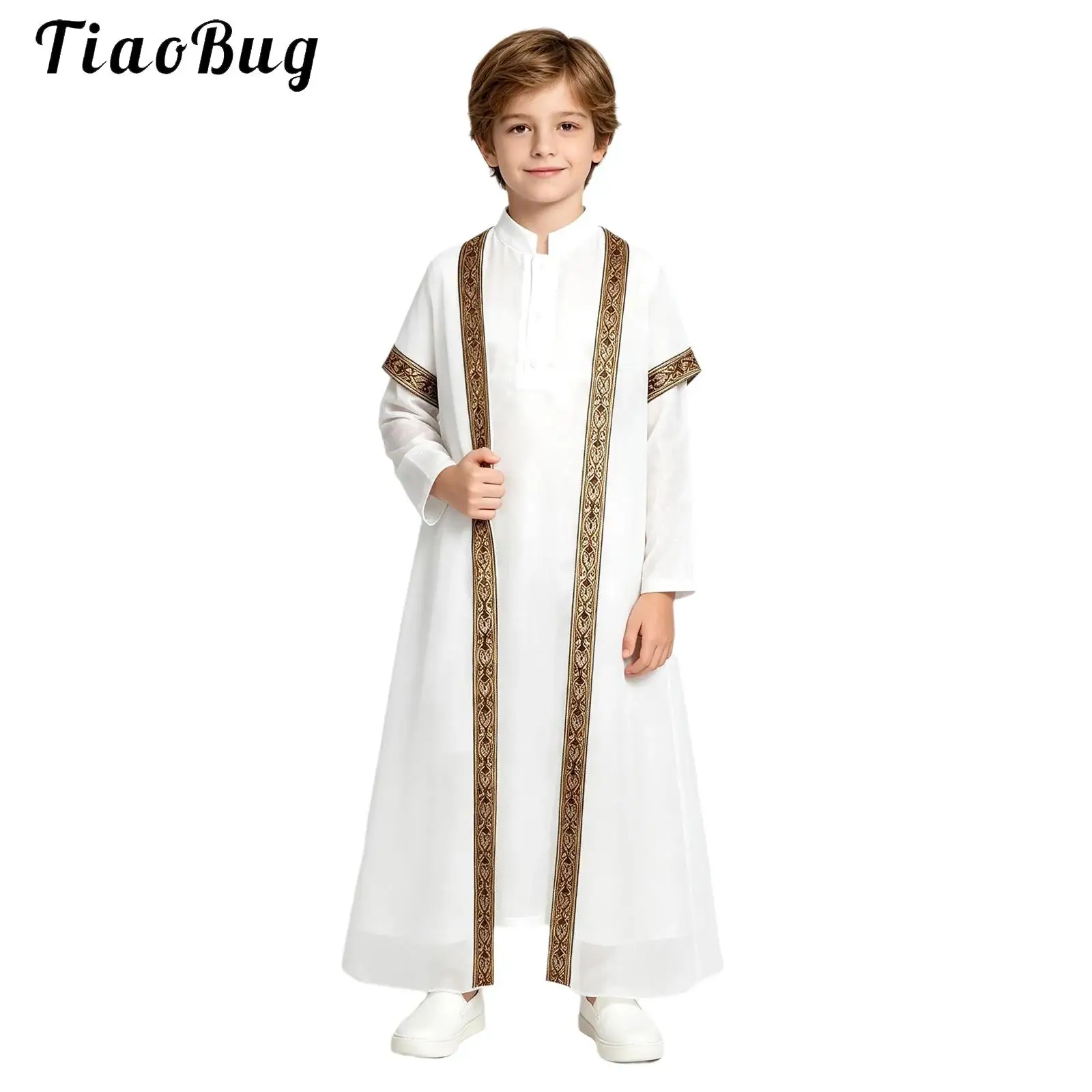 Boys Muslim Thobe Child Long Sleeve Kaftan Arabic Gown Robe Short Sleeve Gold Embroidery Sheer Tulle Cardigan Festival Costume
