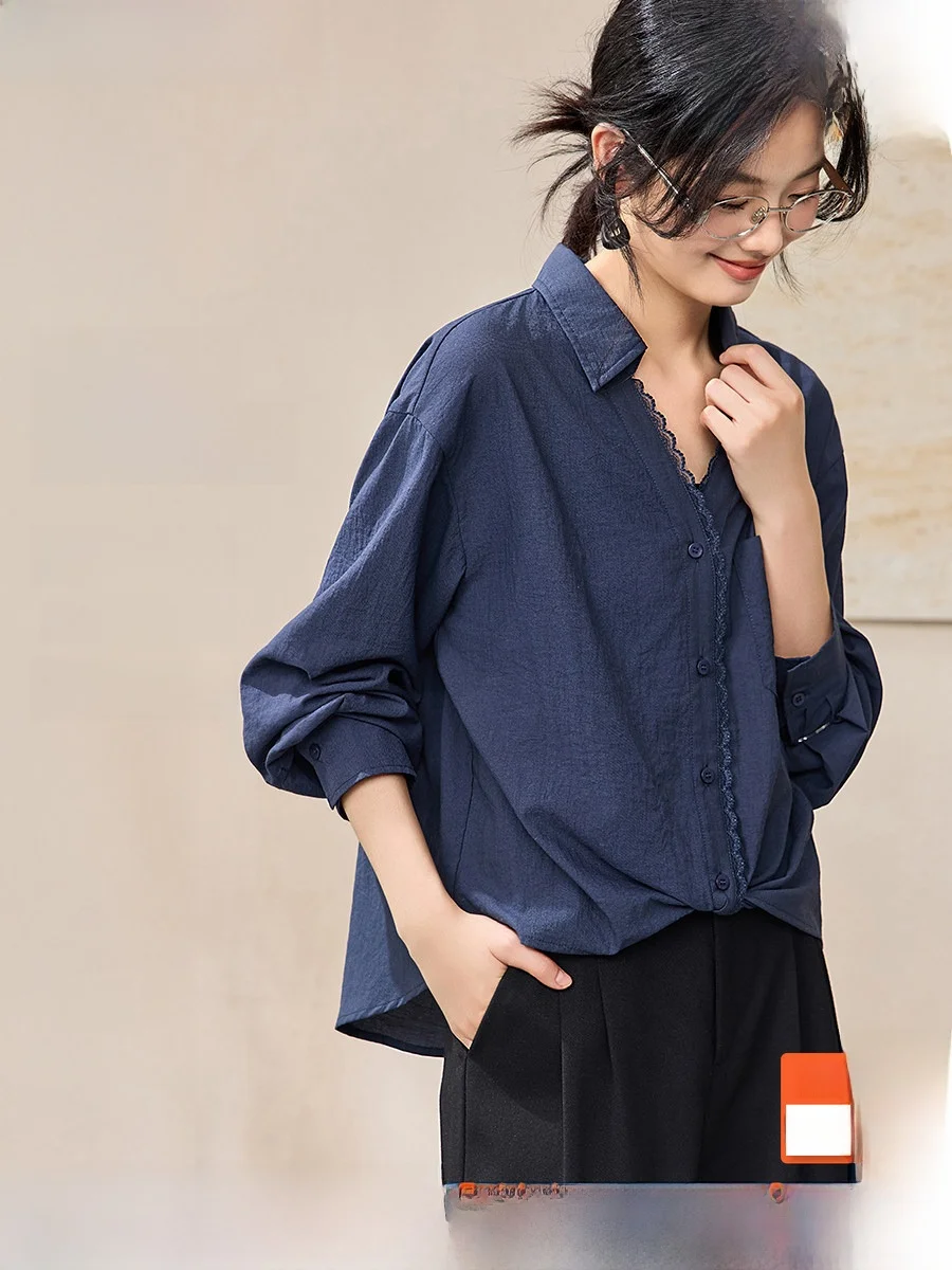 

Романтичная женская блузка с V-образным вырезом и кружевной отделкой, из дышащей льняной смеси, с длинными рукавами, для повседневной носки, весенняя, премиум-класса