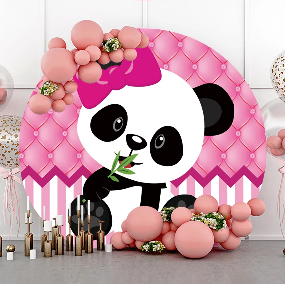 Laeacco น่ารัก Panda ฉากหลังสีชมพูและสีขาวลายดอกไม้ทารกสาวเจ้าหญิงวันเกิดที่กำหนดเองการถ่ายภาพพื้นหลัง