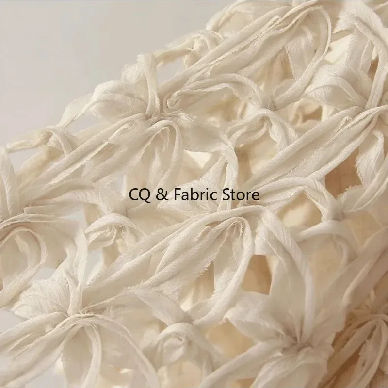 Apricot Hollow Flower Plaid Fabric Creative Fishing Net Dress Knitting Coat Diy Clothing Designer Fabrics By The Yard