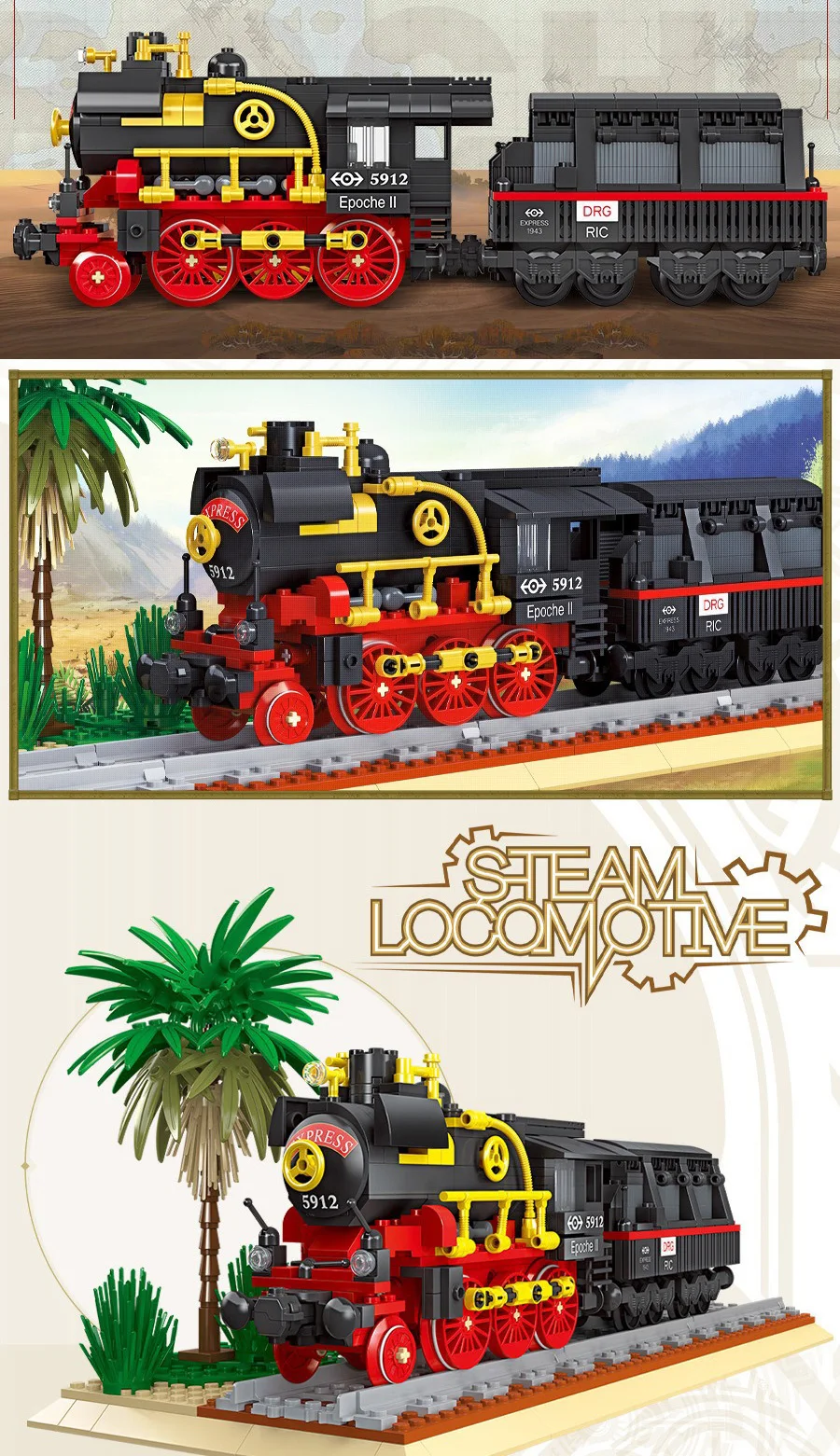 Technische Bausteine, Eisenbahn, Zug, Konstruktionsbausteine, klassische Dampflokomotive, Lernspielzeug, Sammlung für Jungen, Geschenkidee. – Detail 4
