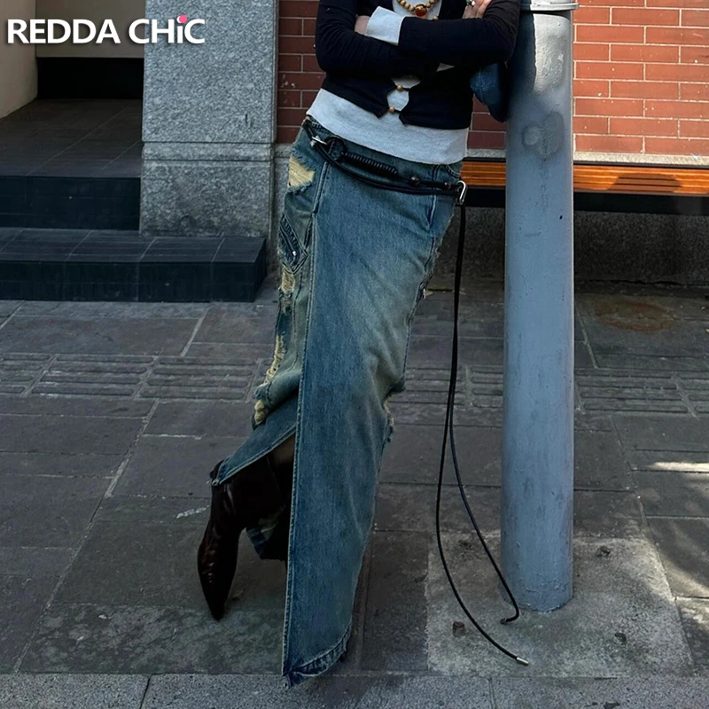 

ReddaChic женская юбка-карго с низкой посадкой и разрезом, винтажная стирка, свободная посадка, повседневная длинная джинсовая юбка макси с потертостями, уличная одежда