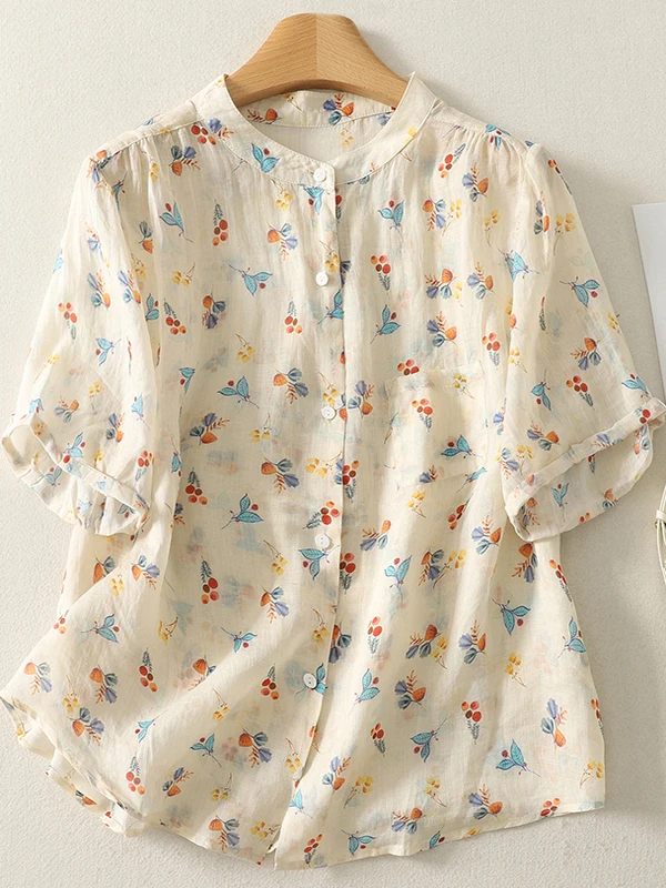 

Retro Floral Linen ort Sve irt Women Summer Gentle Sle Agel Loose Casual round Ne Cotton Linen Small Top Upperwear