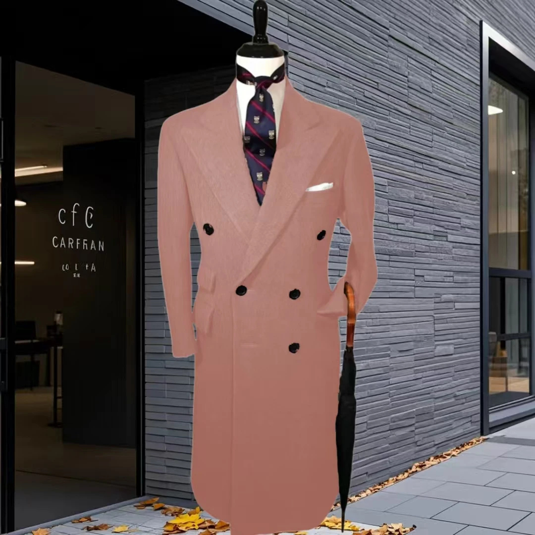 

Vintage Men's Tweed Long Overcoat Daily Customized Single Blazer Terno Peak Lapel Windbreaker Customizable