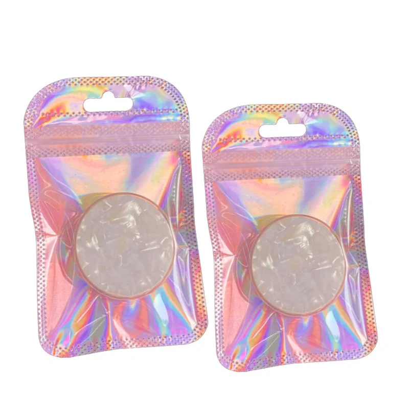 50X Resealable Holographic Mylar Bags Cute Pink Eyelash Packaging Bags For Lip Gloss Lash Foil Small Ziplock Bags With Hang Hook