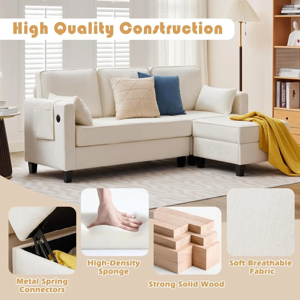 compact l-shaped sectional sofa with storage chaise for small living rooms - upholstered 3-seat couches