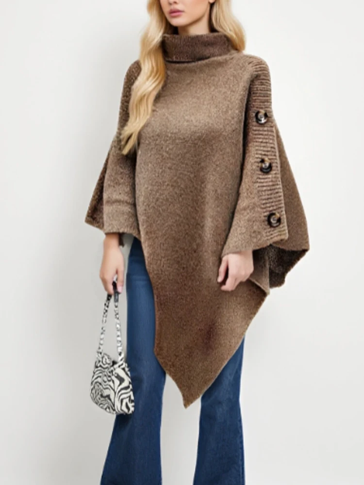 Autumn Winter Fashion Turtleneck Loose Women Pullover Shawl Cape Solid Color Knitted Long Tops Casual Sweater with Buttons