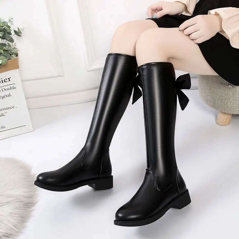 Footwear Flat Ladies Boots Long Winter Knee High Shaft Shoes for Women Black Elegant with Low Heels Waterproof New in Sale Pu 39