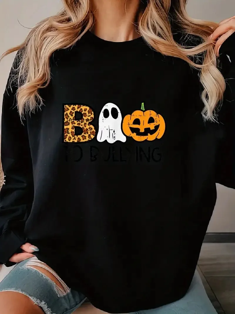 Halloween ghost pumpkin letter pattern long sleeve hoodie, women's fashion crew-neck hoodie suitable for spring and autumn seaso