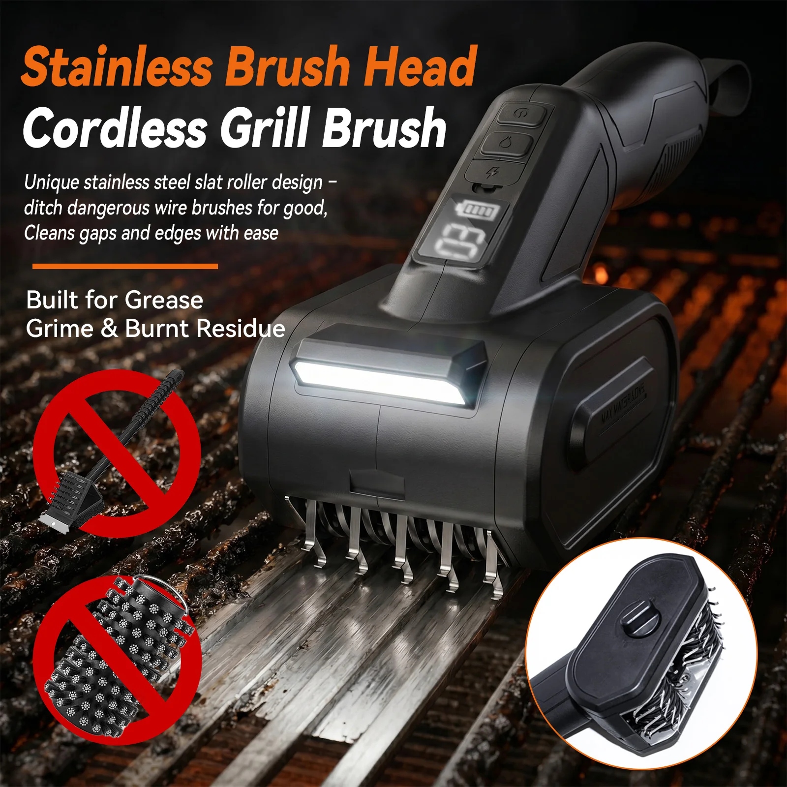 Cordless Electric BBQ Grill Cleaning Brush 44W 890RPM 3‑Speed Bristle‑Free Stainless Steel Spring Roller IPX6 Waterproof LED Light Rechargeable Grill Cleaner for Cast Iron Griddle