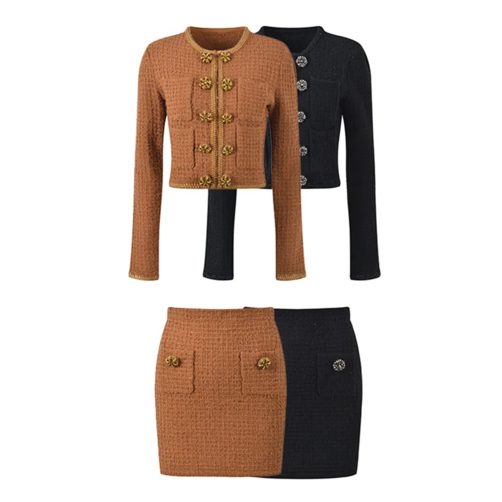 Brown Knitted Coat+Skirt Set 2025 Autumn/Winter New Style Celebrity Double Row Buckle Skirt 2-piece Set