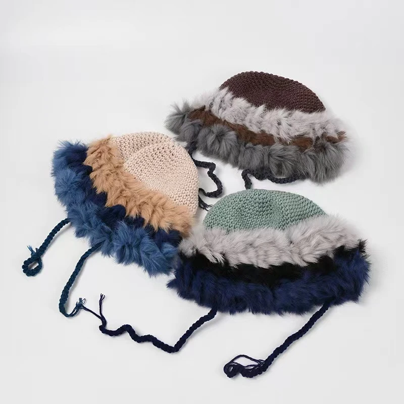 

New Fashion Female Autumn and Winter Splicing Hand Hook Knitted Hat Women Korean Version Warm Thickened Russian Hat for Lady