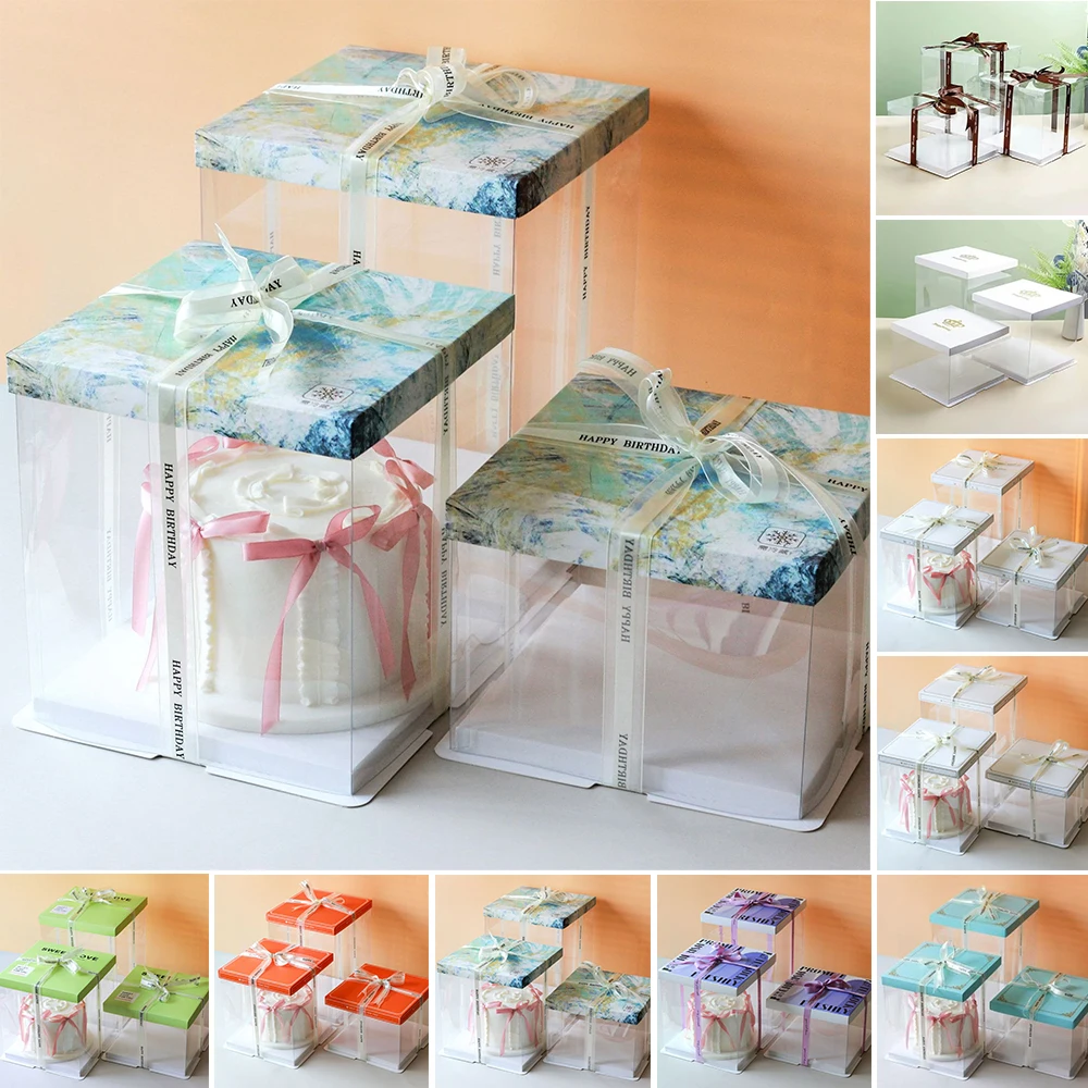 

DIY Transparent Cake Box 4/6/8/10 Inch Rose Flower Bear Packaging Box 5PCS PVC Clear Cake Box for Wedding Birthday Decoration