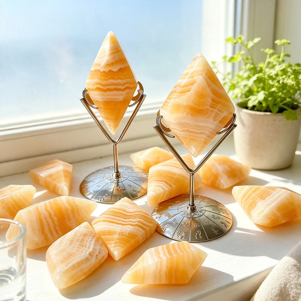 Natural Orange Calcite Rhombus Ornament Crystal Agate Mineral Square Desktop Decor