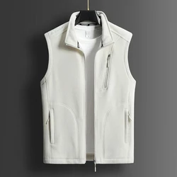 Men's Clothing Trendy Spring Autumn High-neck Zipper Cardigan Sleeveless Solid Color Pockets Casual Coats Preppy Style Tops