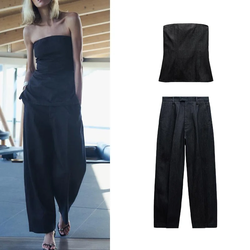 Spring New Women's Denim Tube Top And Mid-Waist Jeans Two-Piece Set Faionable And Sli Casual Wear for Ladies