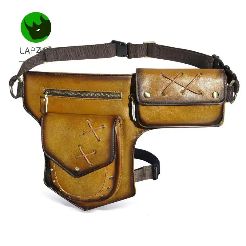 Cool Motorcycle Bag For Men Genuine Leather Hip Belt Bag Men's Crazy Horse Waist Pack Retro Men's  Outdoor 8 Inch Waist Bags