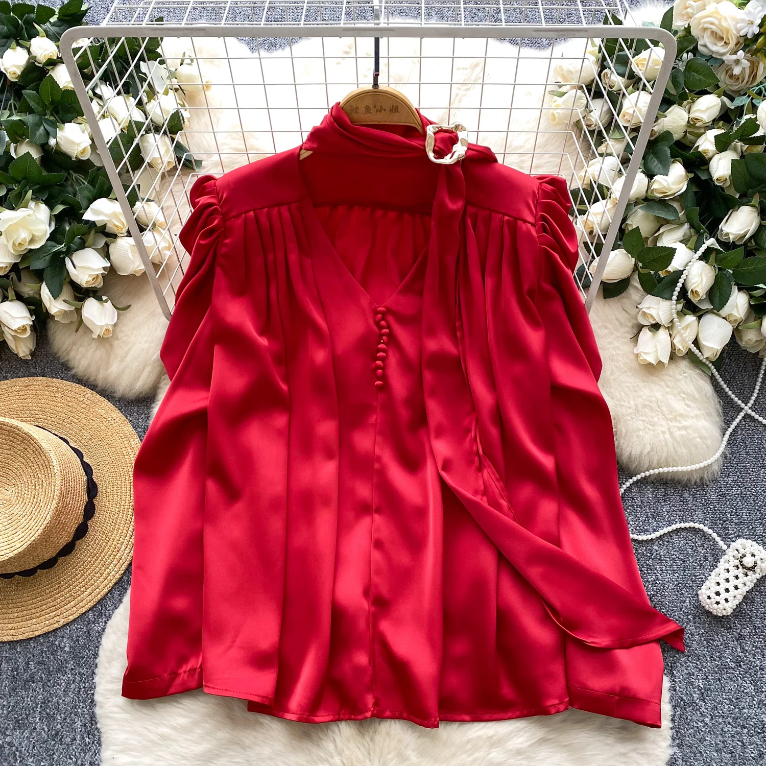 

Vintage Blouse Spliced V-neck loose long sleeve Elegant Fashion Women hotsweet Shirt women clothing