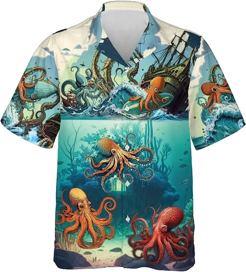 

Summer Men's Shirt Ocean Animal Octopus 3D Print Short Sleeve Men's Lapel Button Personalized Commuting Hawaiian Style Shirts