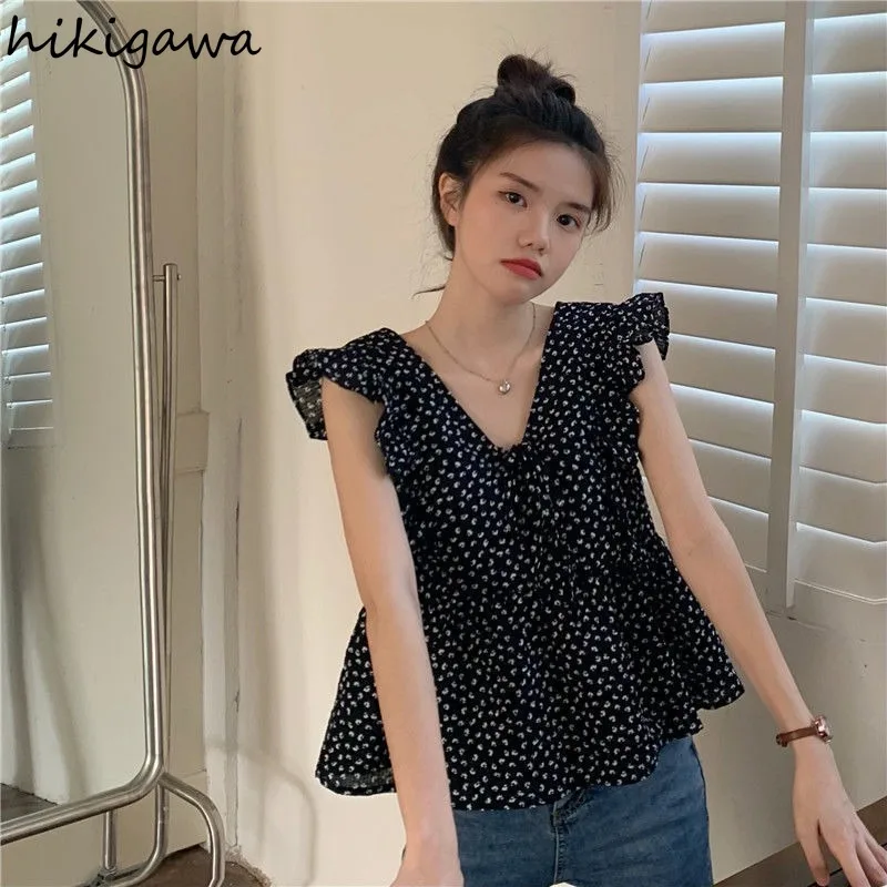 Summer Floral Blouses for Women V-neck Sleeveless Loose Crop Tops Korean Fashion Temperament Shirts 2024 Blusas Mujer De Moda