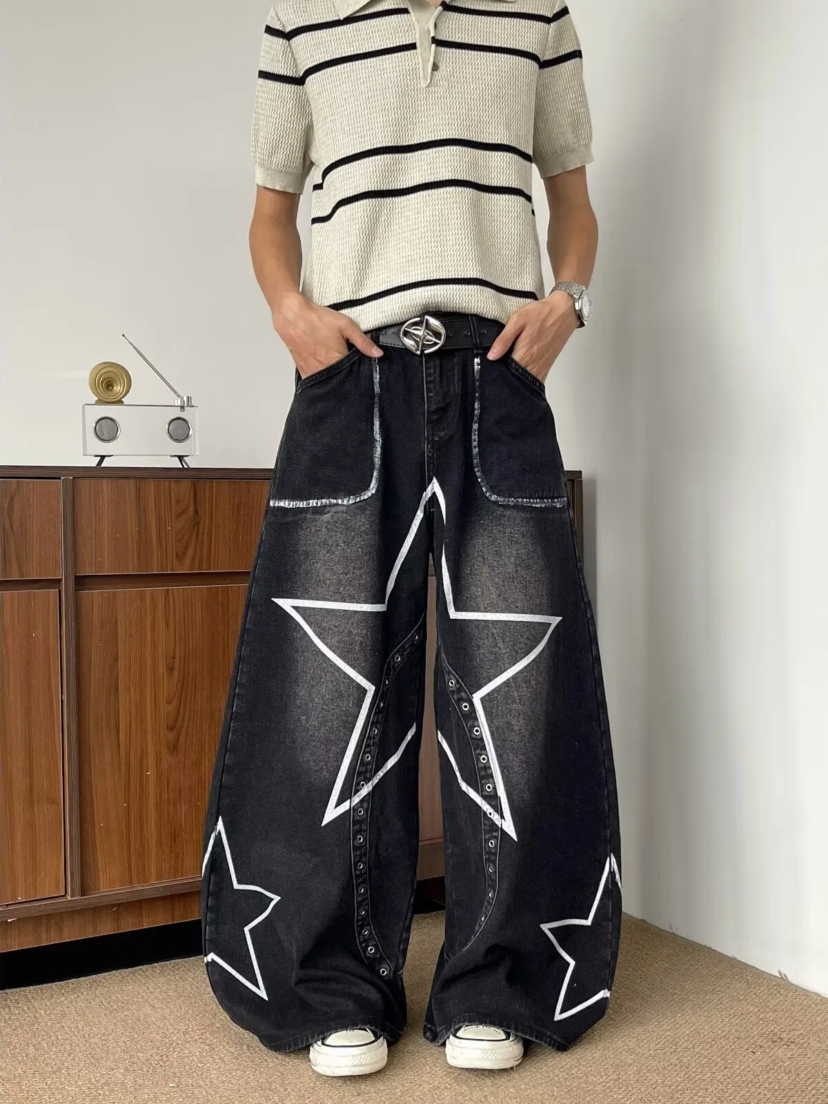 American wide-leg workwear jeans men Winter edgy stylish high-end flared pants high street straight-leg slightly fringed trouser