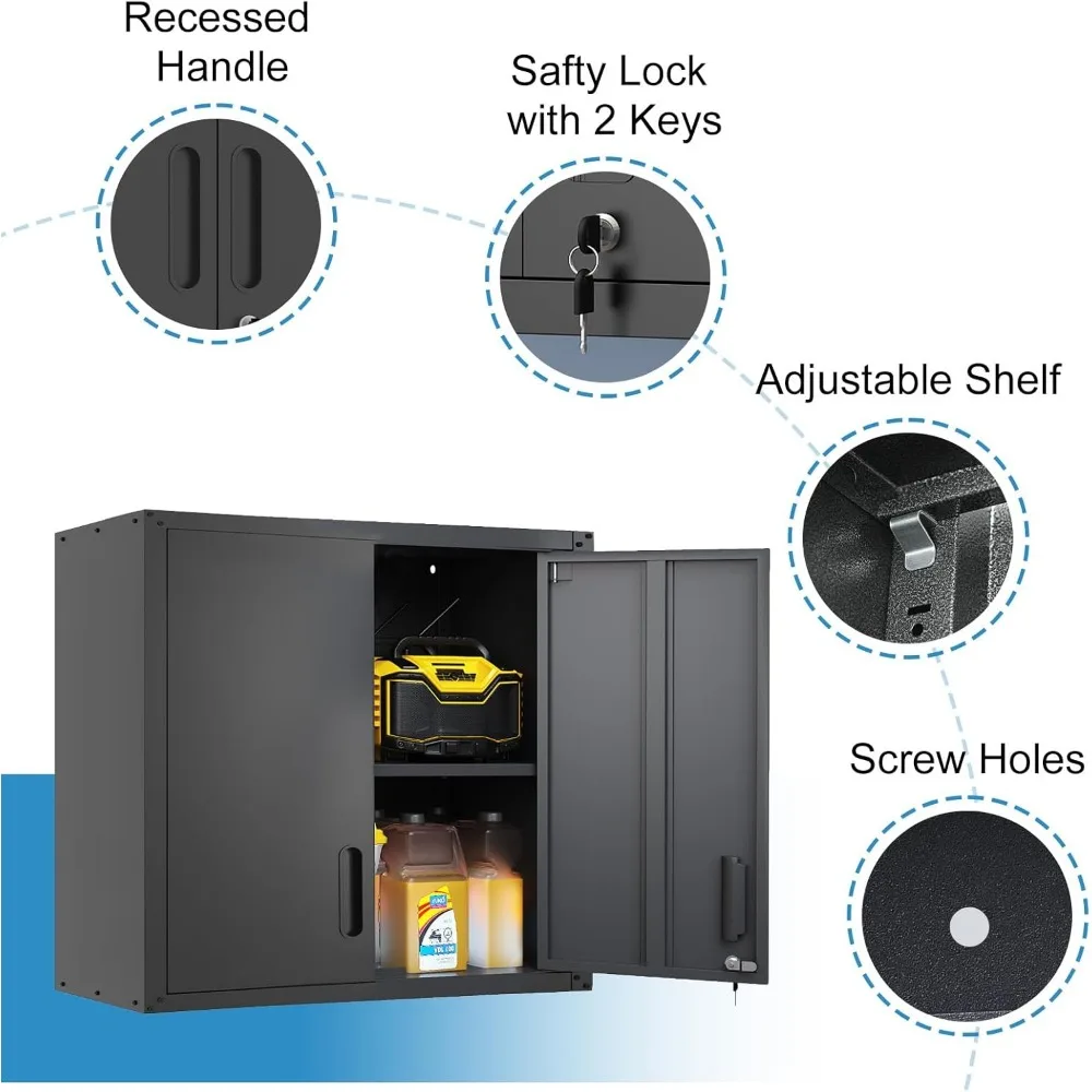 頑丈なロック付き壁掛けツールキャビネット、2ドア、調節可能な棚、黒仕上げ、ガレージ収納用