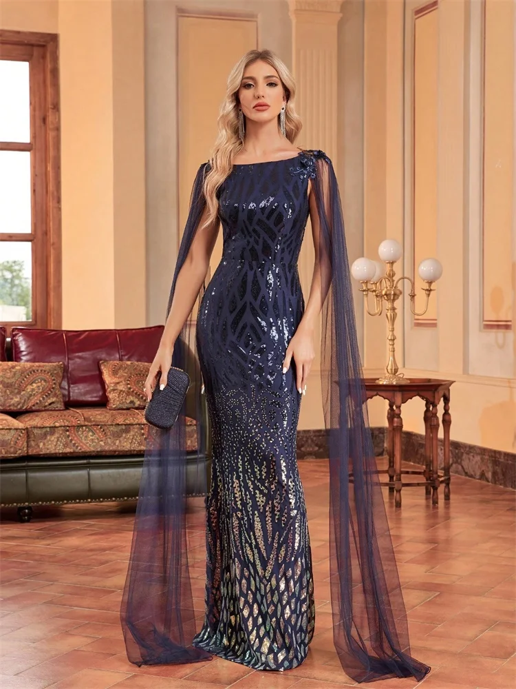 Luxury Arabia Long Sleeve Sequins Evening Dress Women 2025 Female Guests Wedding Party Prom Blue Cocktail Dresses