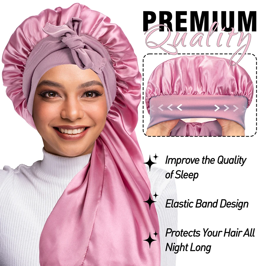 

Hair Long Silk Bonnet Cap With Elastic Satin Hair Band Comfortable Head Cover Night Sleep Hat For Sleeping Shower