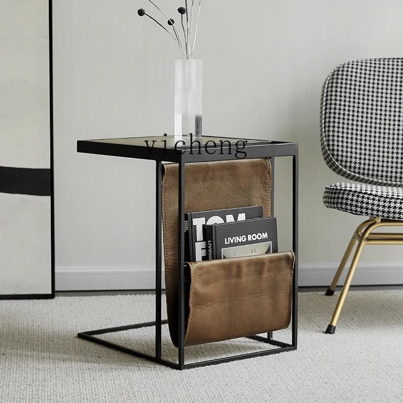 Tqh Leather Storage Sofa Side Table Small Apartment Home Designer Furniture Cowhide Small Table Tea Table