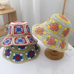 Japan Korea Crochet Beach Sun Hat Women Summer Flowers Pure Hand-woven Straw Hat Sunshade Fisherman Hat Breathable Bucket Hat