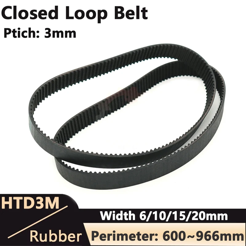 HTD3M Timing Belt C=600/603/606/609/612/615/621/624/627-966mm Width 6/10/15/20mm Rubber Closed Loop Synchronous Belt Pitch 3mm