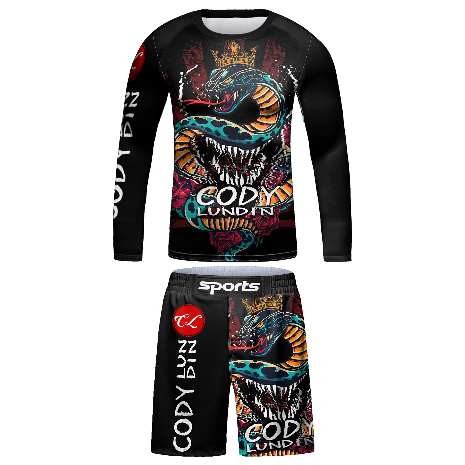 Cody Lundin Kid's Sportswear bJJ Rashguard+ Muay Thai Shorts 2 in 1 boxing Children Grappling Gym Sport Training Westling Wear