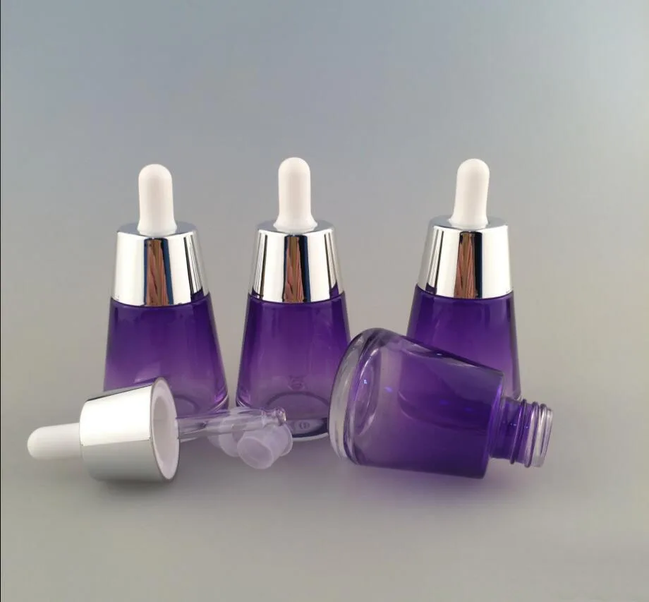 30ML transparent/purple glass bottle with silver/gold  collar ,white bulb for serum/essential oil/essence/liquid/water packing