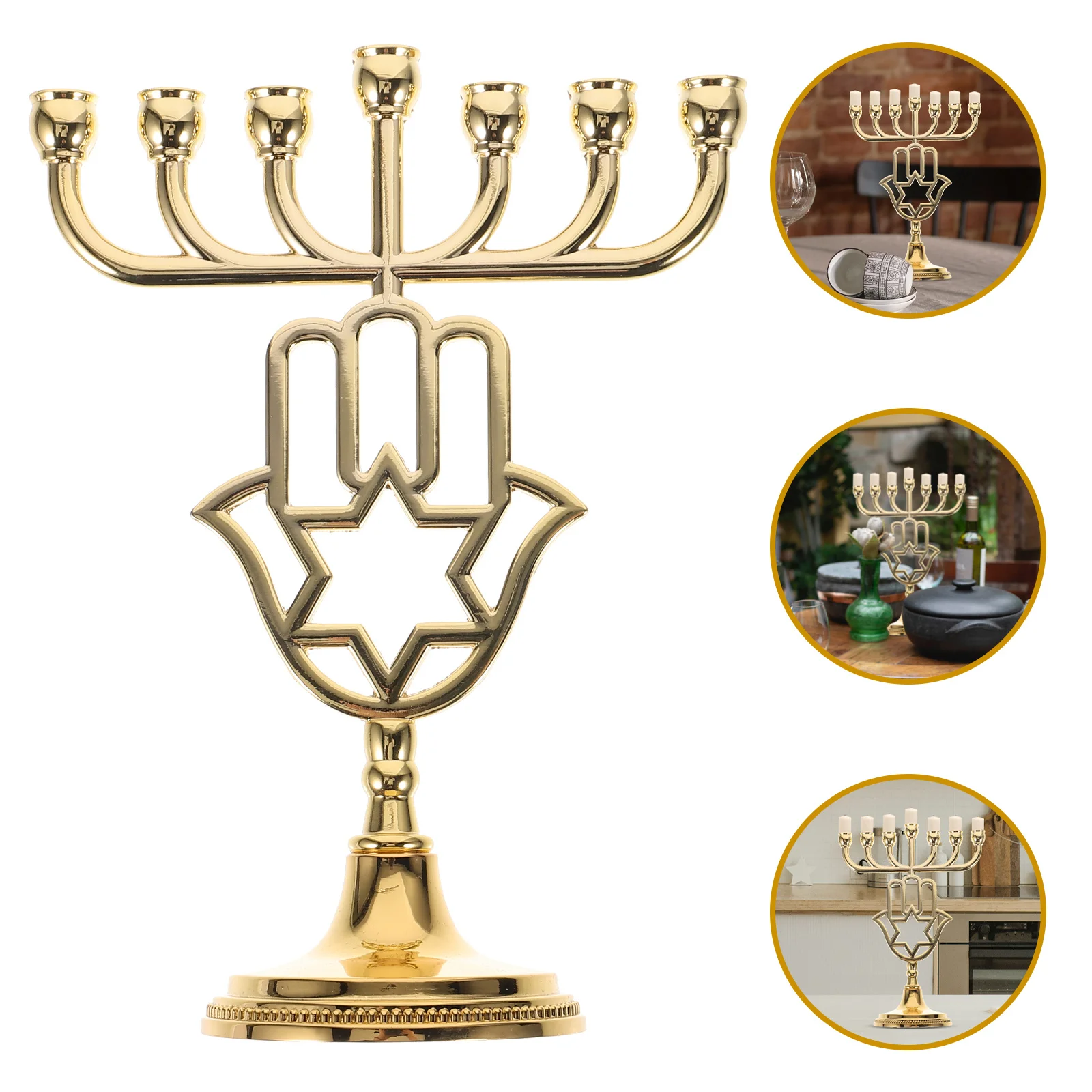 

7-Branch Hanukkah Religious Candlestick Golden Metal Ornament Home Decor High-Gloss Finish Elegant Style Romantic Weddings