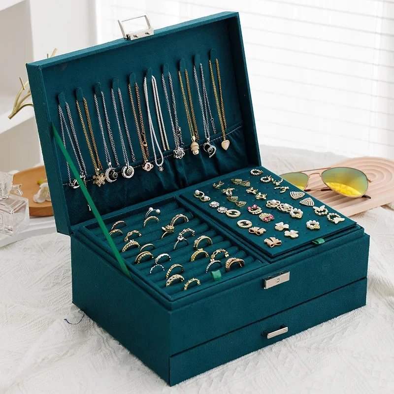 

New Vintage Style Velvet Jewelry Box Green Double Lock Storage Box Necklace Ring Jewelry Box Large Capacity Christmas Gift