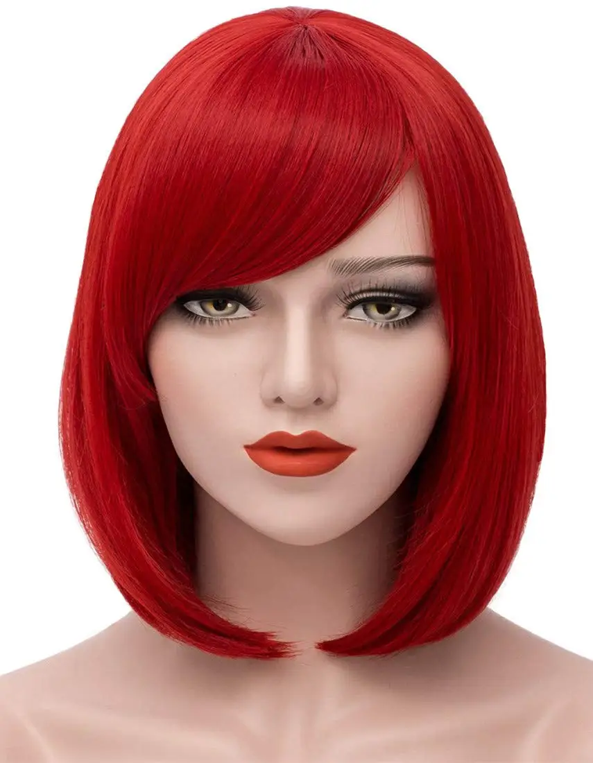 Perruque synthétique courte avec frange pour femme, cheveux lisses, coupe au carré, rouge, naturel, mignon, pour fête de 03 et Halloween
