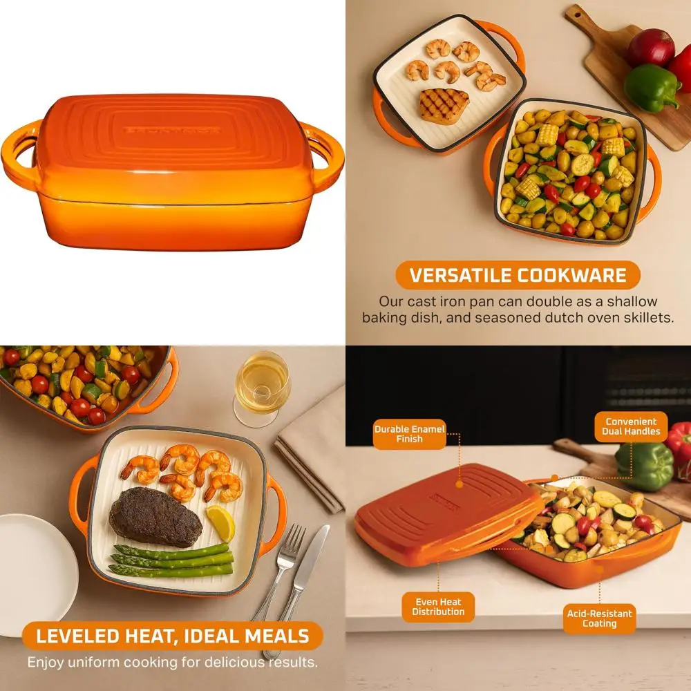 

Pumpkin Spice Cast Iron Dutch Oven, 2-in-1 Enamel Cookware Set, Square Braising Pan for Casseroles and More