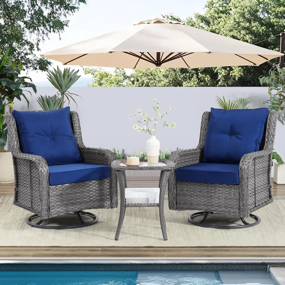 Conjuntos de muebles de patio, muebles de exterior de mimbre de 3 piezas: mecedoras giratorias de 360 grados y mesa auxiliar de ratán para jardín, porche