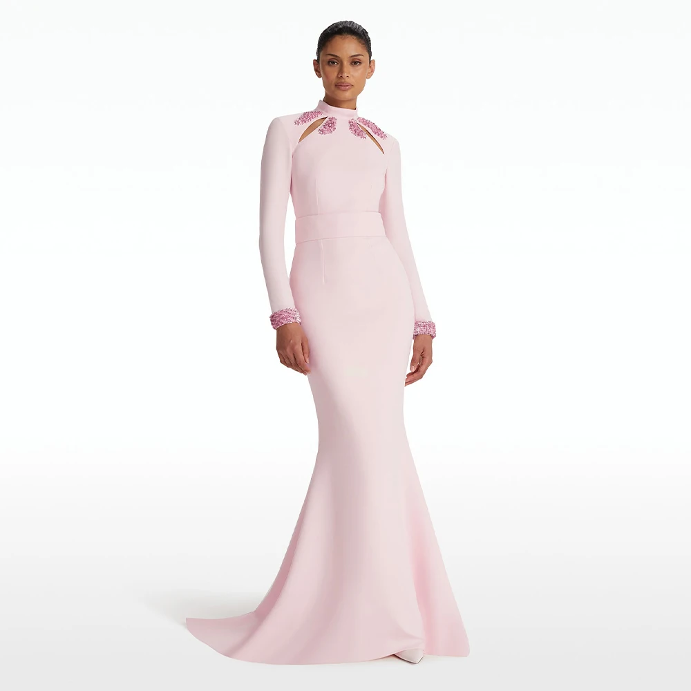 

Women's Evening Dress Pale Pink High Collar Crystal Long Sleeves Evening Gowns Cut Out Belt Trumpet/Mermaid Wedding Party Dress