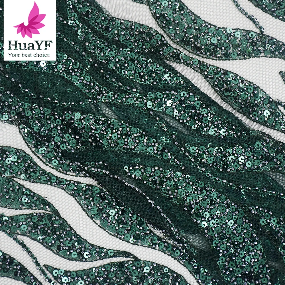 High Quality Shiny Sequin Beaded Lace Fabric Embroidery Wholesale African Tulle Evening Dress Fabric 1 Yard HY1613