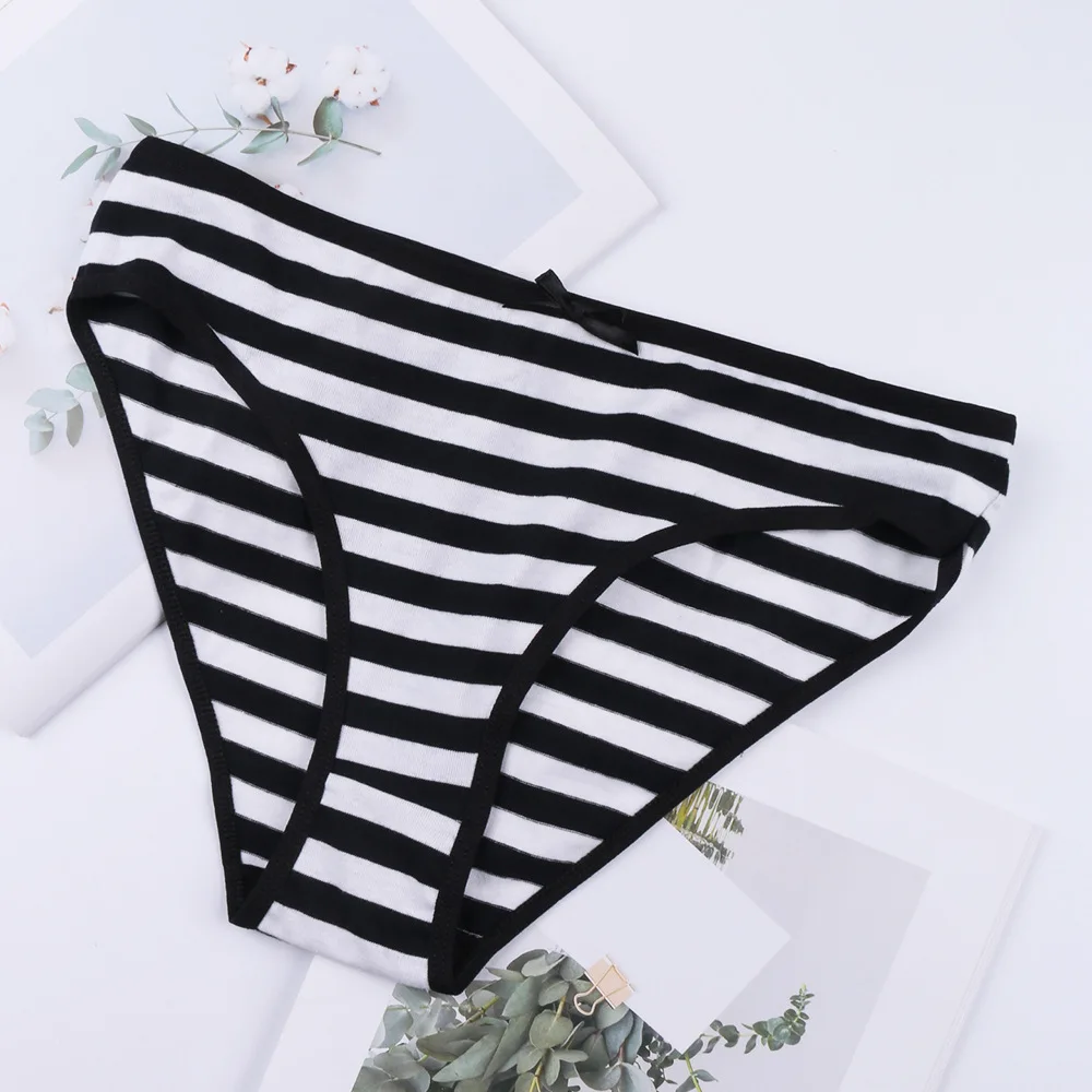 3PCS Low Waist Women\'s Briefs Girl Striped Cotton Underwear