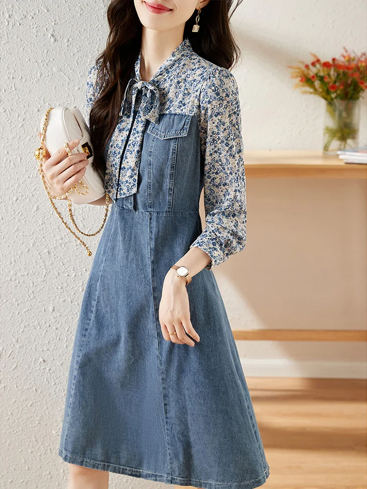 Vintage Floral Print Patchwork Denim Dress for Women 2023 New Spring Summer High Waist Elegant Office Lady Jean Dresses