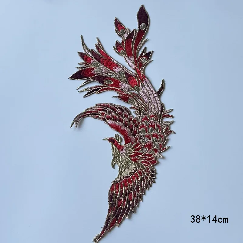 Have One Pair Chinese Style Red Phoenix Bird Sew On Embroidery Patches For Clothing Dress Applique Decoration DIY