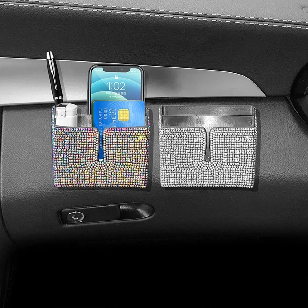 

Автомобильный ящик для хранения со стразами и кристаллами, органайзер, двойная сумка для хранения, ПВХ для хранения предметов первой необходимости, автомобильные аксессуары для женщин