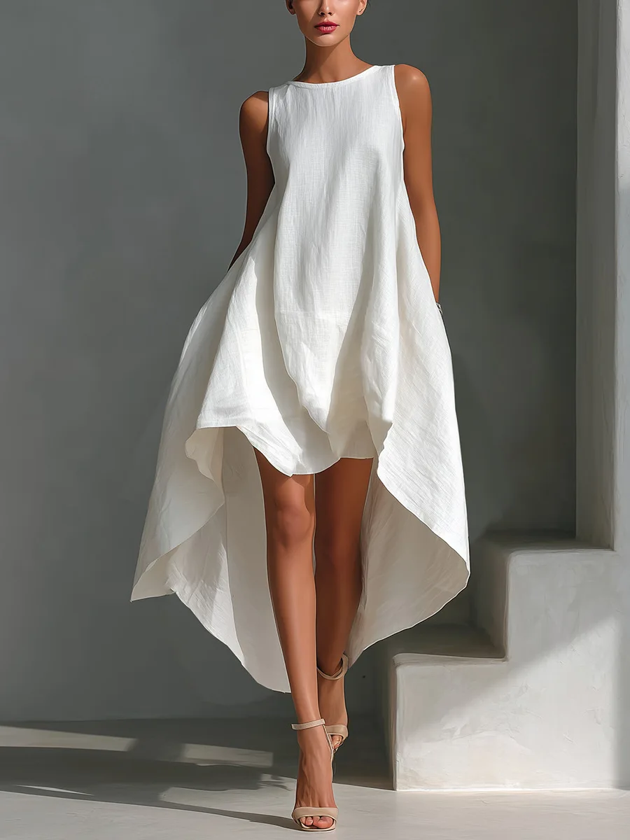 Summer Elegant Solid Dresses Womens Casual O Neck Sleeveless Irregular Loose Big Hem Maxi Dress Pocket Holiday Party Dress