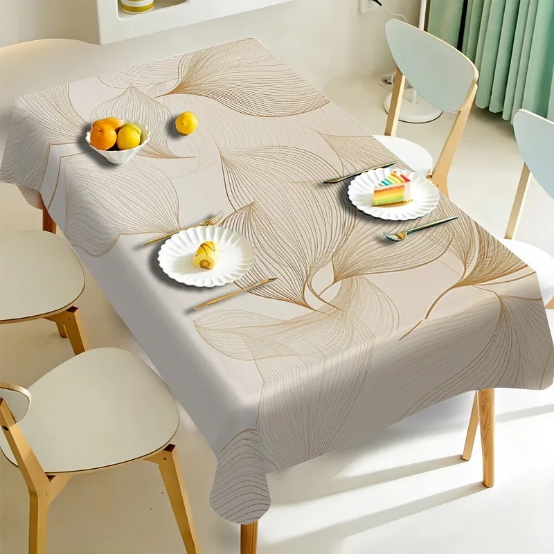 Elegant floral printed tablecloth, rectangular shape, white with black and beige leaf patterns